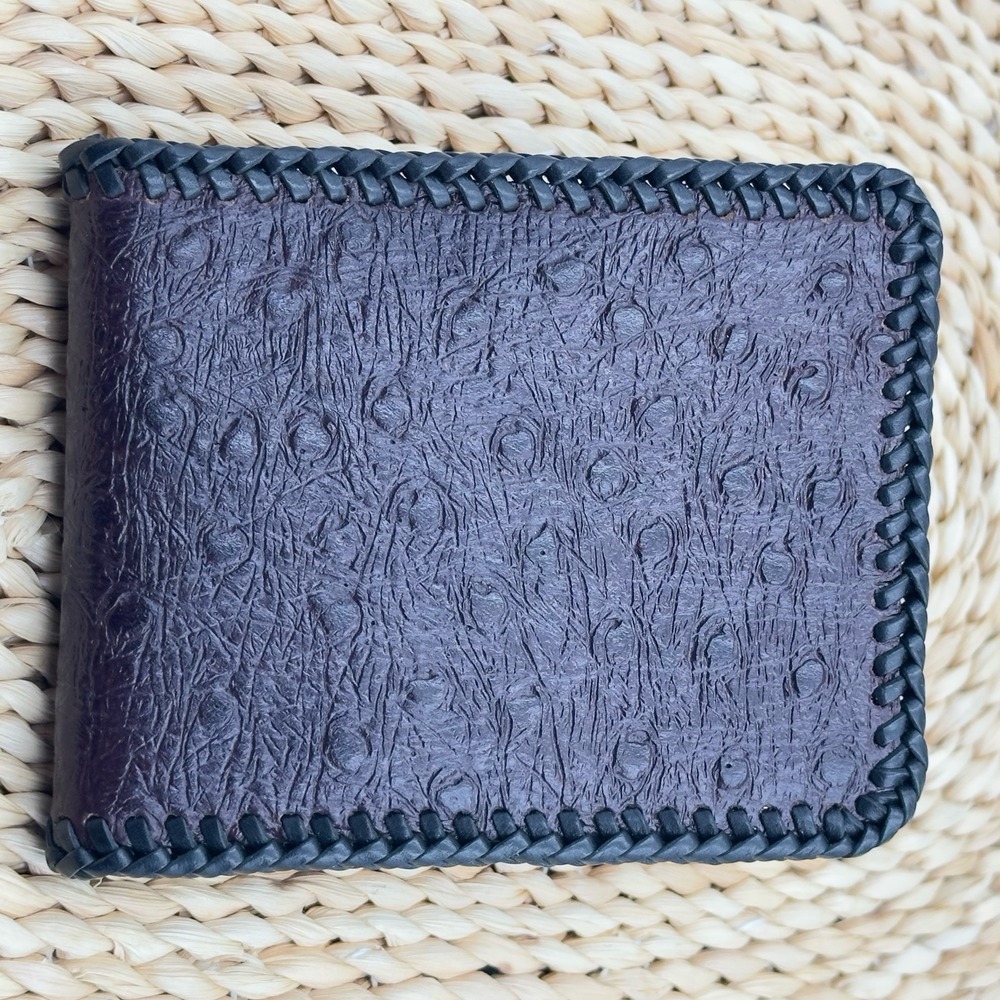 Genuine Ostrich Skin Leather Bifold Men's Handmade‎ Burgundy Black Trim